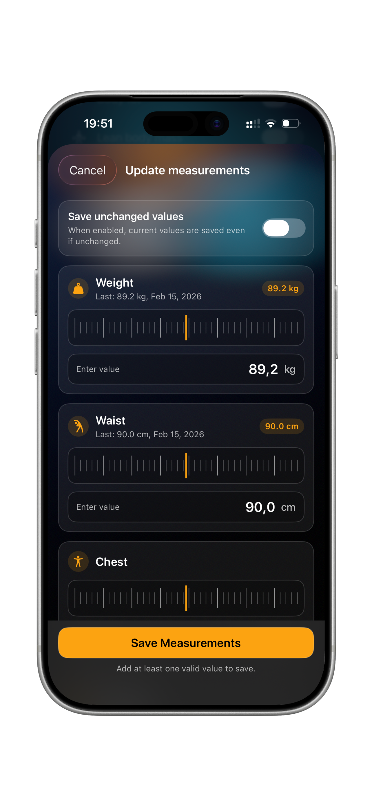 MeasureMe home dashboard screen