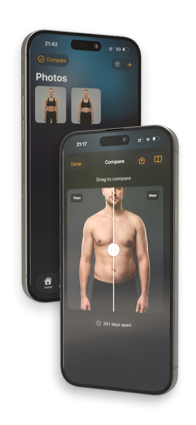 MeasureMe app screenshot showing the photo comparison feature on iPhone