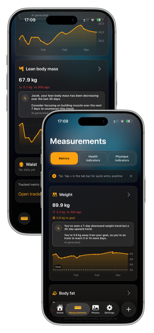 MeasureMe app screenshot showing multiple measurement views on iPhone