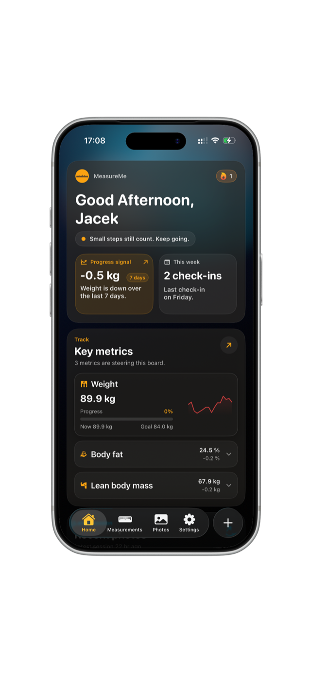 MeasureMe app screenshot showing the home dashboard on iPhone