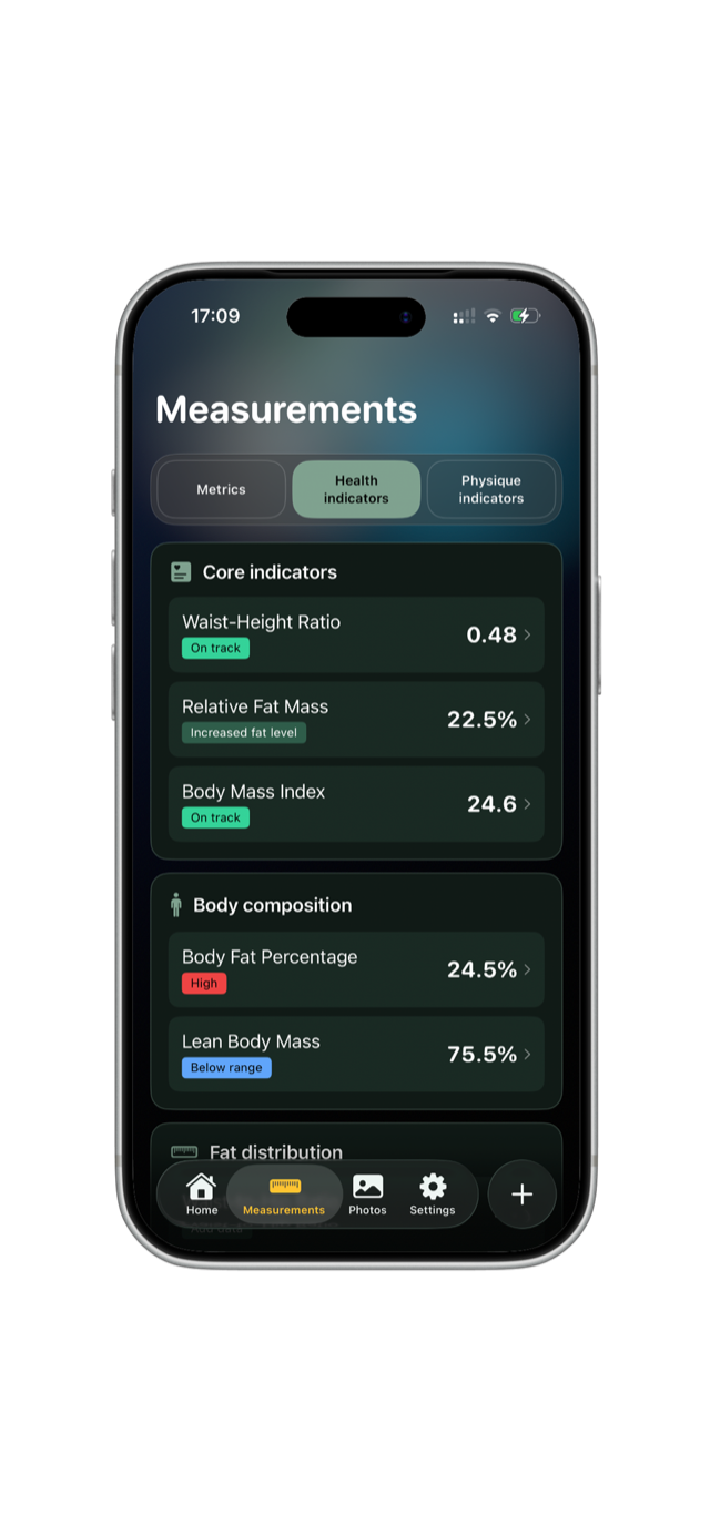 MeasureMe app screenshot showing health indicators on iPhone