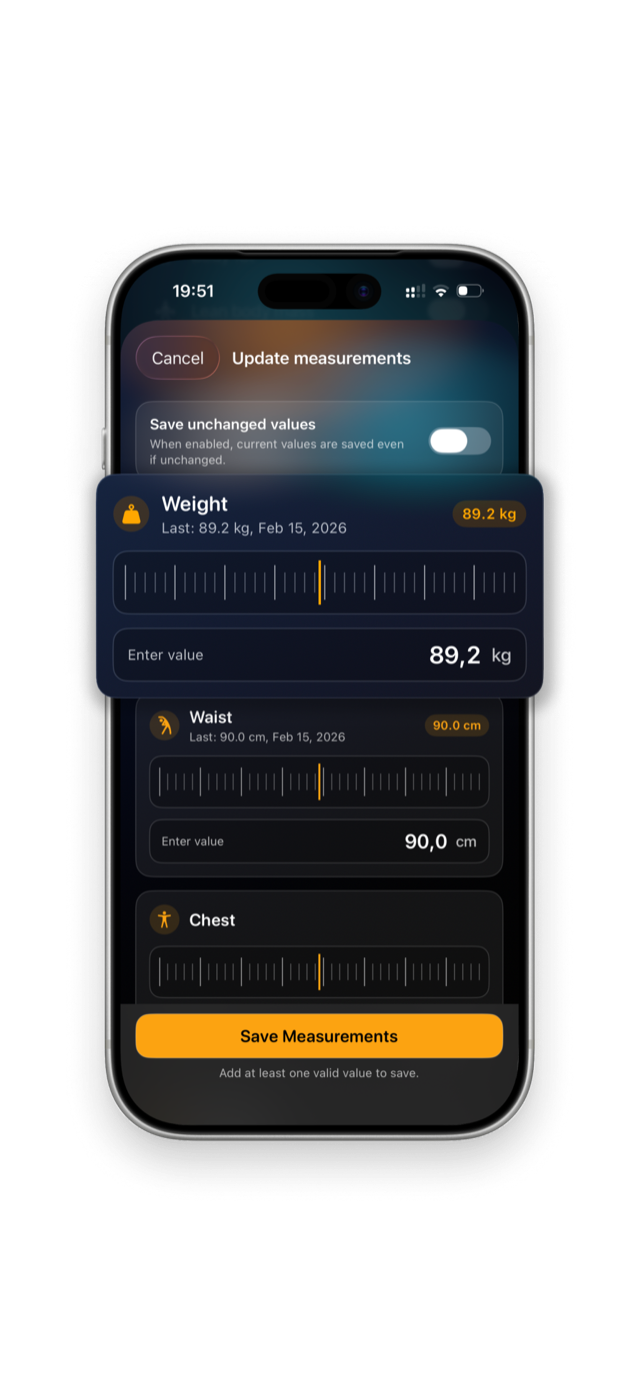 MeasureMe app screenshot showing the measurement entry screen on iPhone